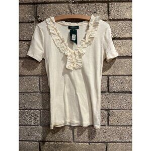 Lauren Ralph Lauren White Ruffled V-Neck Short Sleeve Top Size S Cotton Blend